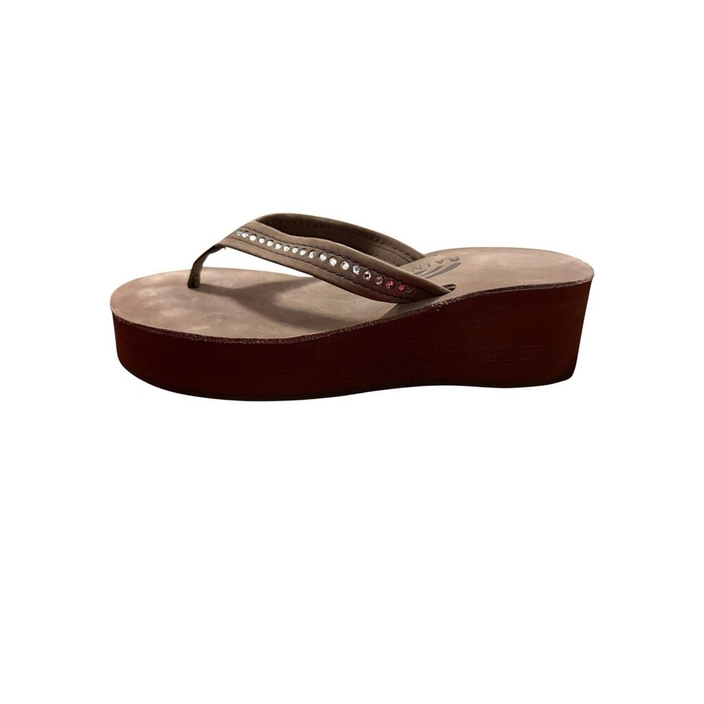 Rainbow Sandals Crystal Collection Leather Rhinestone Wedge Flip Flops Brown Med